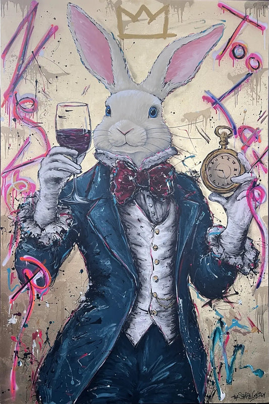 Never too late – Party time by The Space Cowboy, showing a white rabbit holding a wine glass and pocket watch against a luminous gold-leaf background.