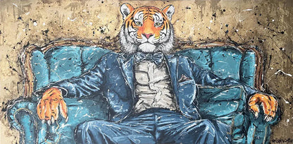 Tie Grrr Luxe II by The Space Cowboy, a suited tiger reclining on a turquoise Chesterfield against a gold-leaf background.