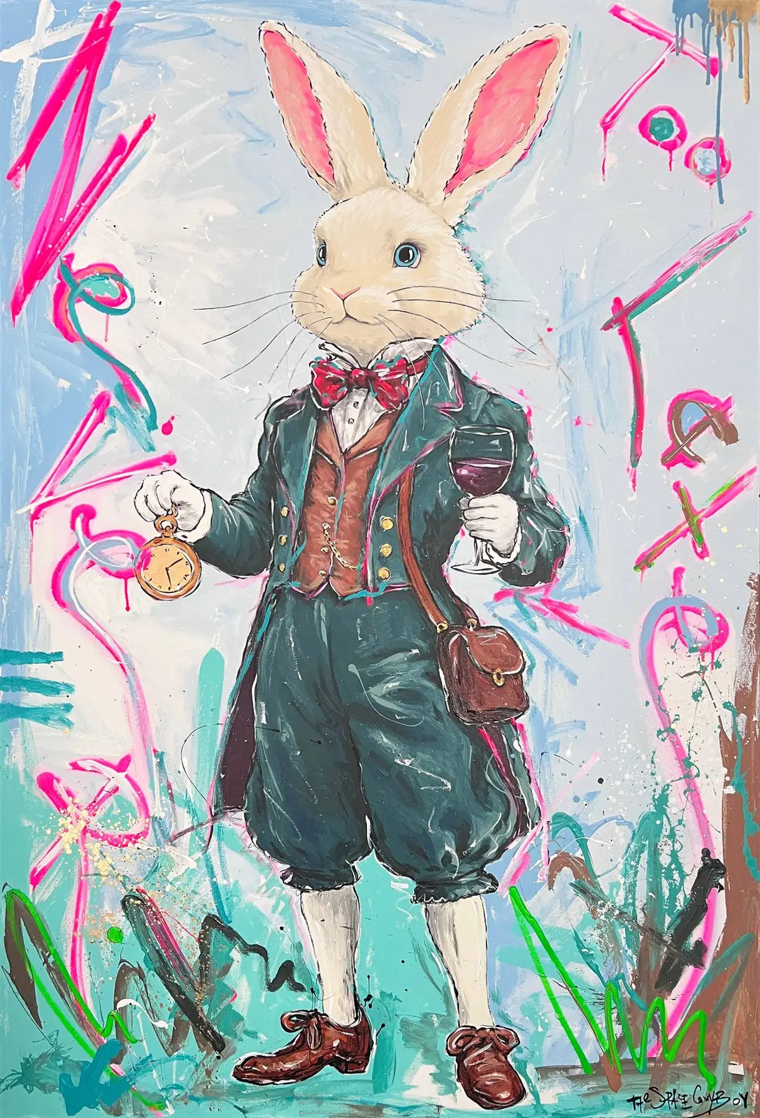 Never too late - Greeney blue by The Space Cowboy, a white rabbit in a green-blue suit holding a pocket watch and wine glass.