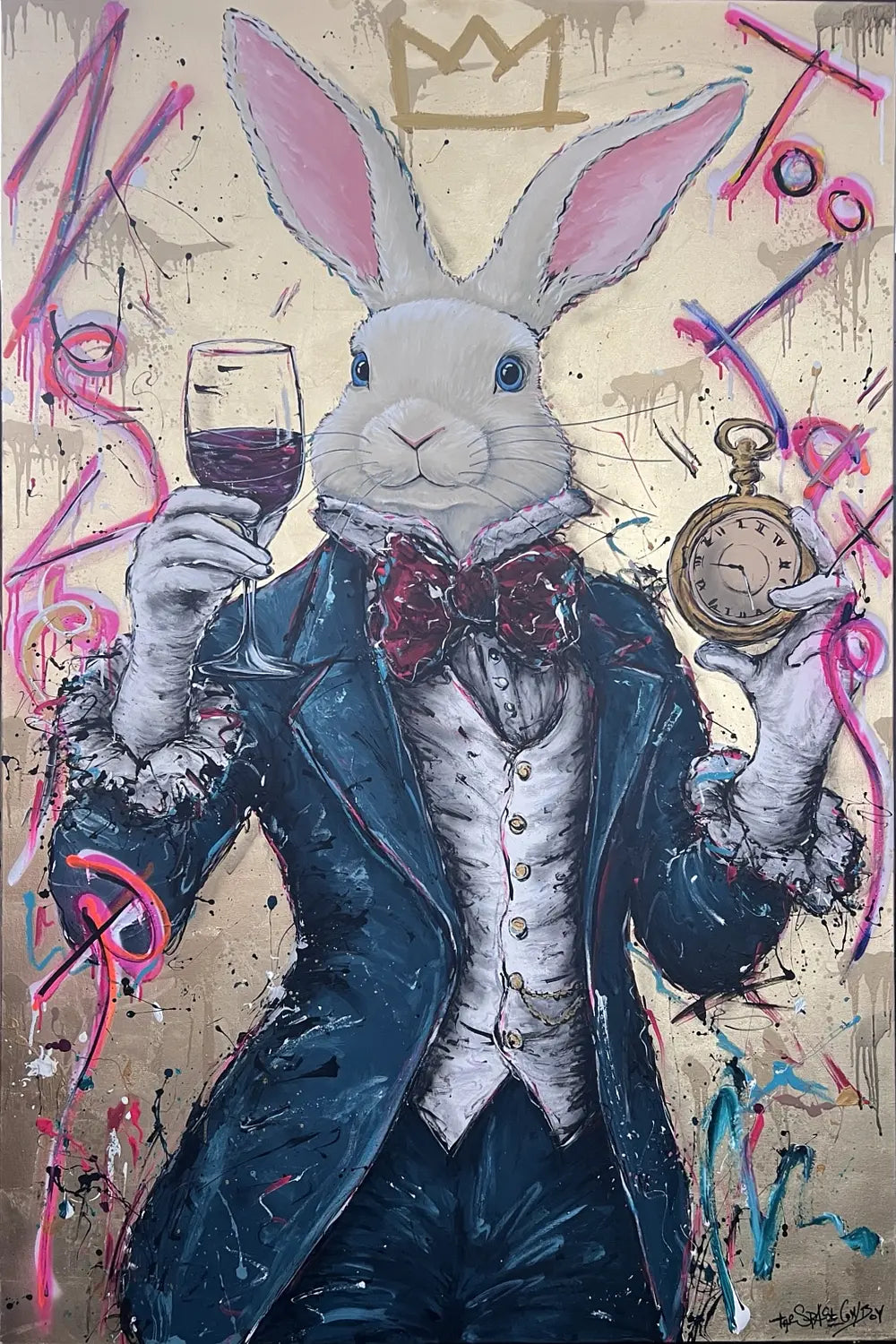 Never too late – Party time by The Space Cowboy, showing a white rabbit holding a wine glass and pocket watch against a luminous gold-leaf background.