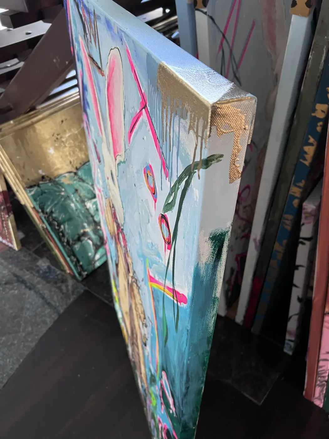Angled side view showing the painted 4 cm gallery-wrapped canvas edge of Never too late -white coat II.