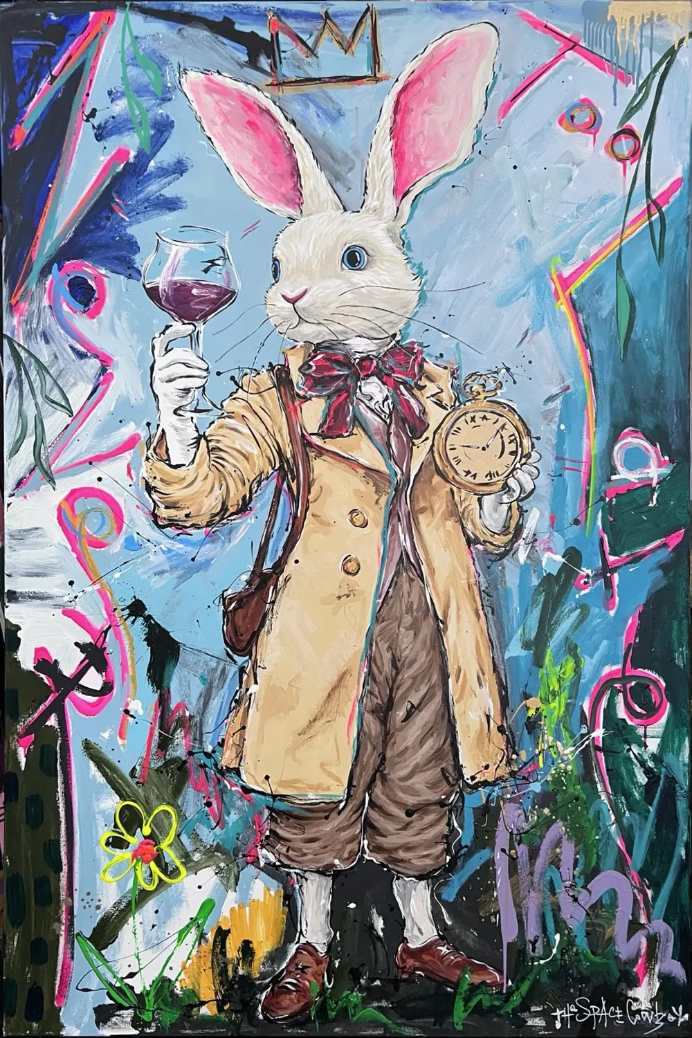 Never too late -white coat II by The Space Cowboy, showing a white rabbit in a cream coat holding a glass and pocket watch against a blue, pink and green abstract background.