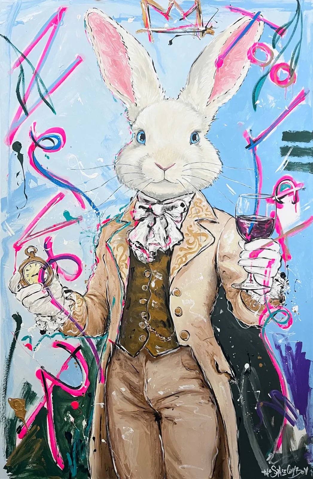 Never too late - White coat by The Space Cowboy, a white rabbit in an embroidered coat holding a pocket watch and wine glass.