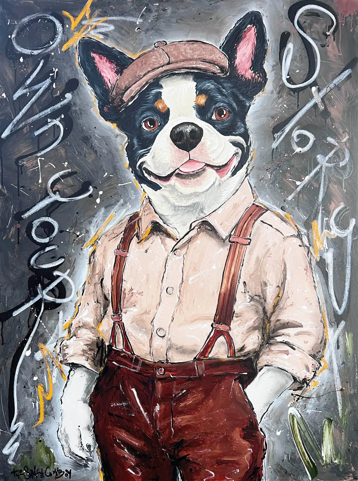 Own your story by The Space Cowboy, a smiling black-and-white dog in a newsboy cap and suspenders against a grey abstract background.