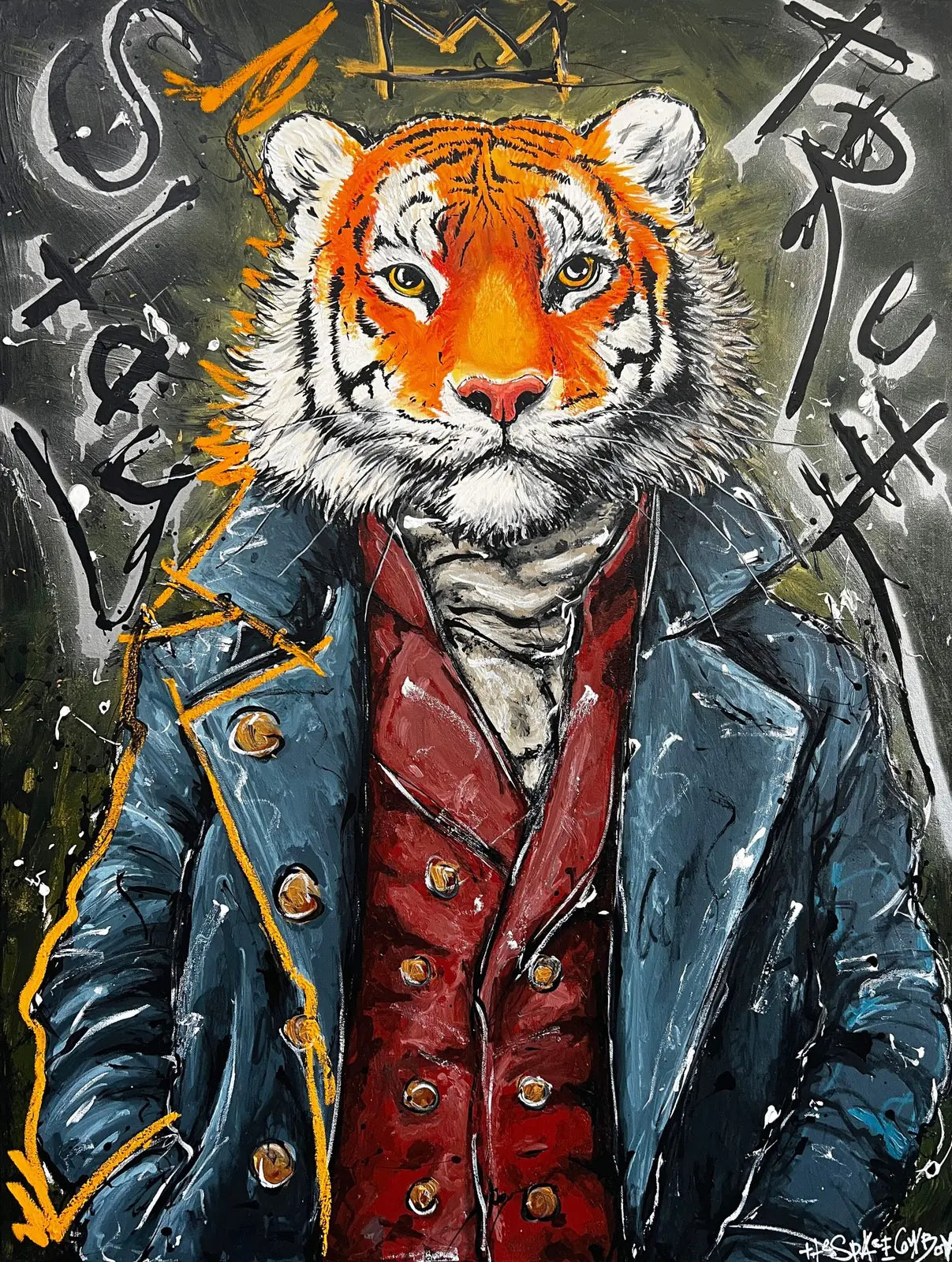 Stay true II by The Space Cowboy, a tiger in a blue coat and burgundy waistcoat against an expressive dark background.