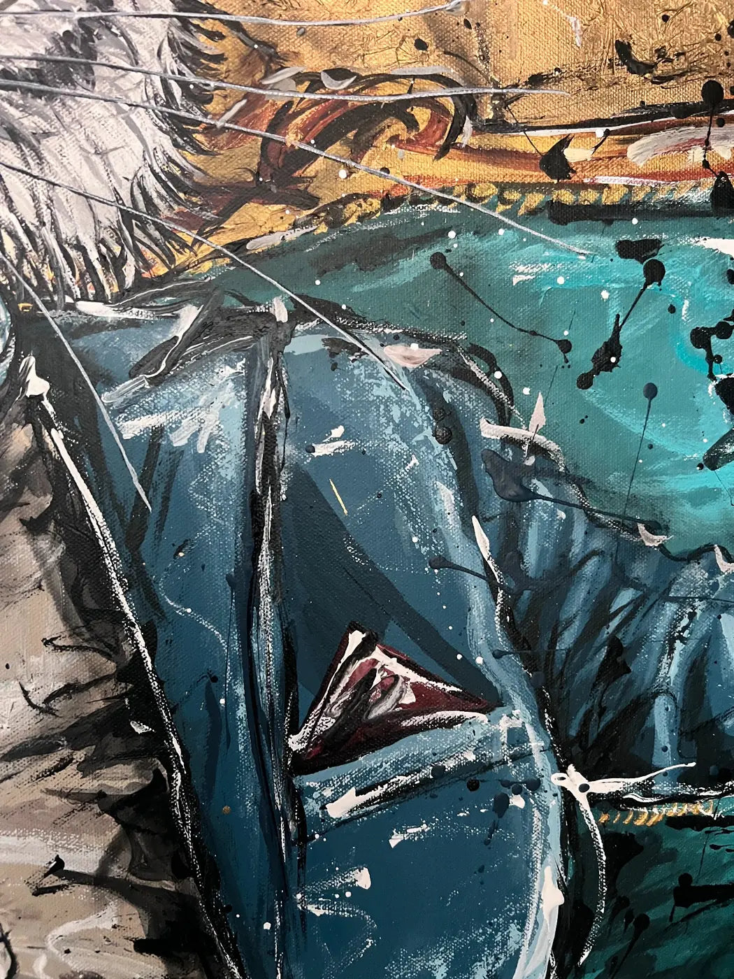 Detail of the tiger’s blue suit, pocket square, whiskers and turquoise upholstery in Tie Grrr Luxe II.