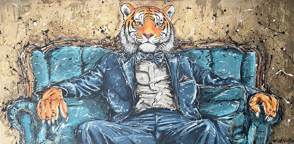 Tie Grrr Luxe II by The Space Cowboy, a suited tiger reclining on a turquoise Chesterfield against a gold-leaf background.